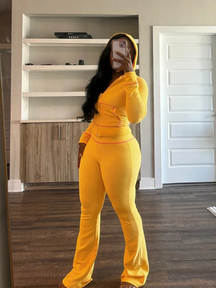 Waffle Texture Striped Womens Set Hooded Tops and Flare Pants Suits 2024 Fall Casual Street Baddie 2 Piece Sets Women 240930