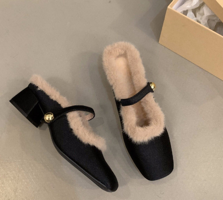 Women High Heel Fashion Winter Wear Fleece Warm Chunky Heel New Design Square Toe Triple Black Beige Free shipping