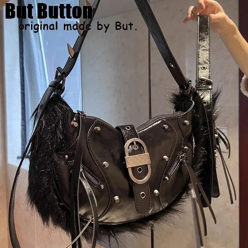women Y2k girl Furry Harajuku Punk Advanced Rivet spike Gothic One Shoulder Handbag Womens punk Tote Steampunk Bags 240926