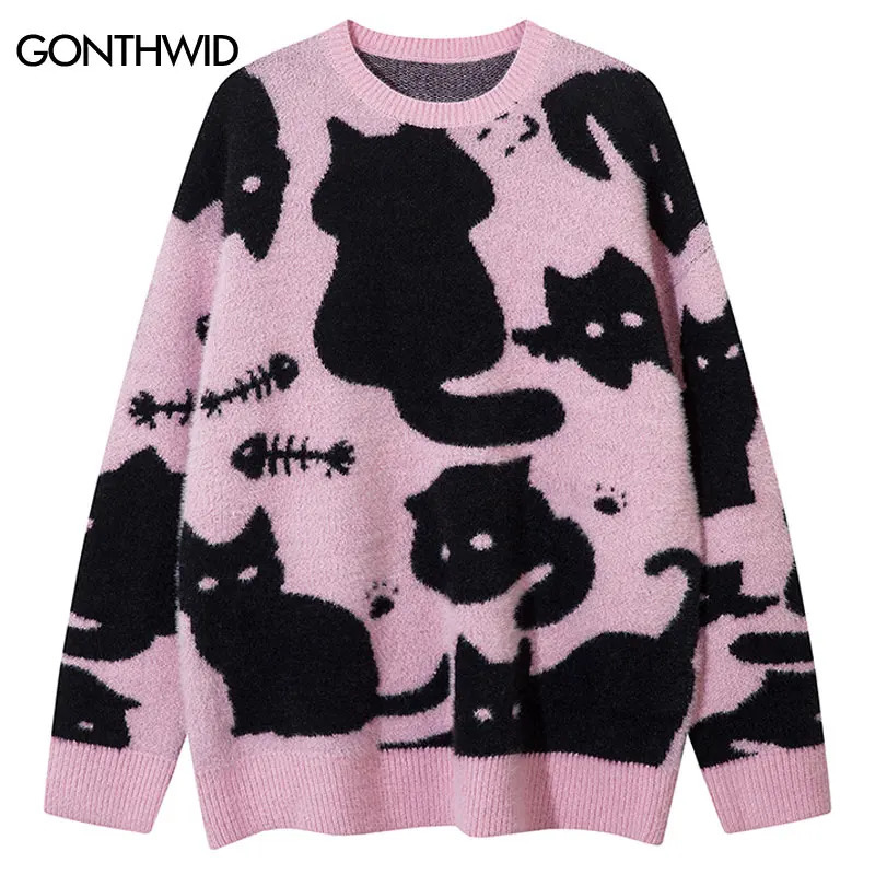 Harajuku sweater knitted cute cat fish oversized pull-out jumper mens hip-hop casual long sleeved comfortable sweater streetwear pink 240930
