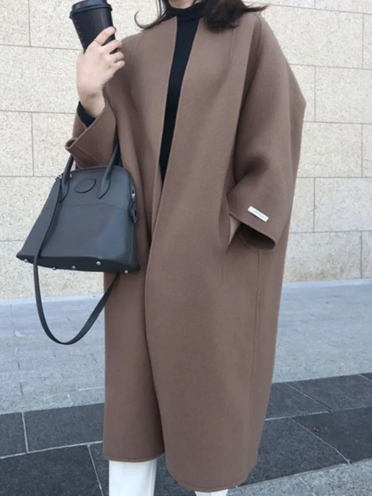 Elegant Woolen Coat for Women Streetwear Casual Korean Fashion Jackets Solid Pockets O Neck Autumn Winter Coats 240927