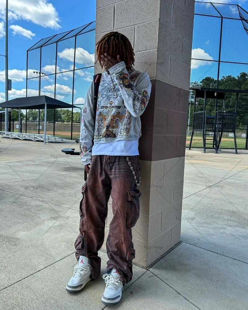 Gothic punk style graphic T-shirt Harajuku American retro oversized long sleeved mens street clothing fashionable casual top 240930