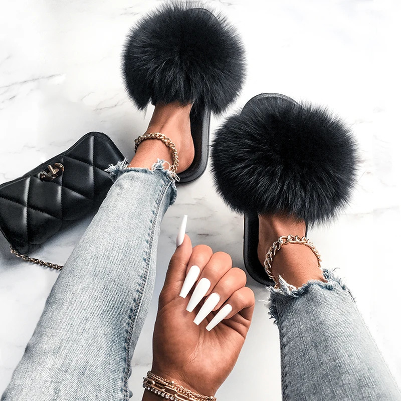 Ethel Anderson genuine fox slider beauty summer fluffy flap high-quality comfortable raccoon fur sandals 240 362