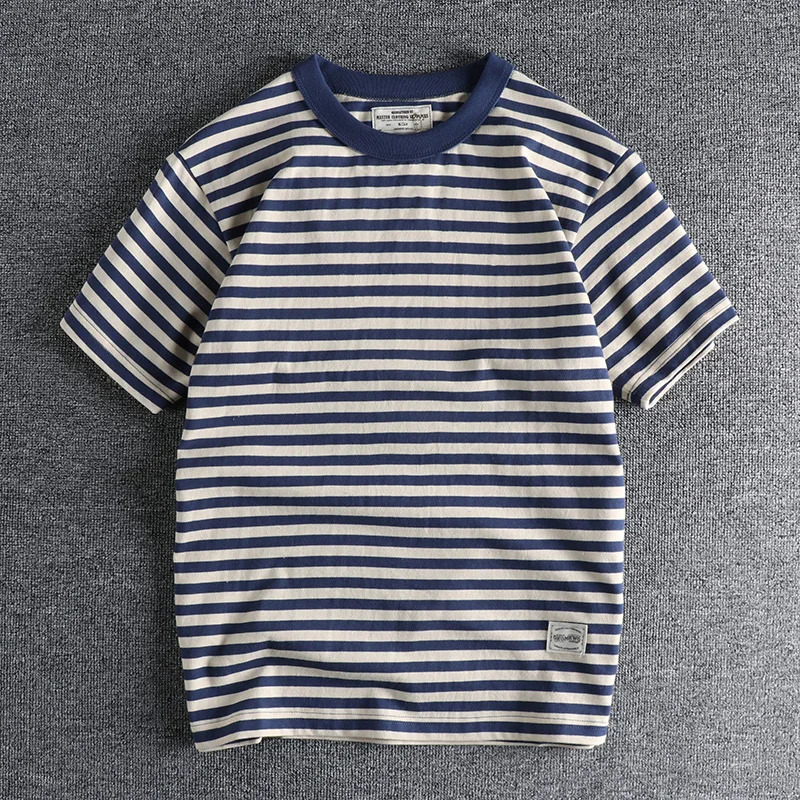 Retro Sailor Mens Striped T-shirt Summer Half Sleeve 250GSM Heavy duty 100% Cotton Washed T-shirt 240930