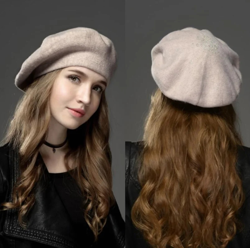 YLWHJJ Womens Berets Hat Fashion Solid Color Wool Knitted Berets With Rhinestones Ladies French Artist Beanie Beret Hat 240927