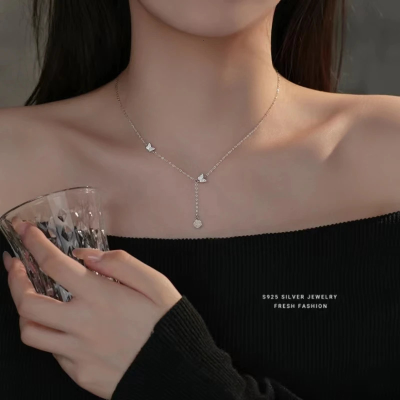 925 sterling silver solid color love asymmetric chain butterfly necklace womens sweet temperature party jewelry stamp gift 240925