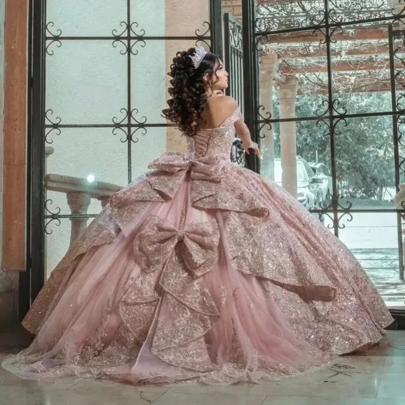 Pink Quinceanera Dresses Ball Gown For Sweet 16 Dress Sequined Applique Beads Bow Tull Graduation Party Princess vestidos de 15 Anos