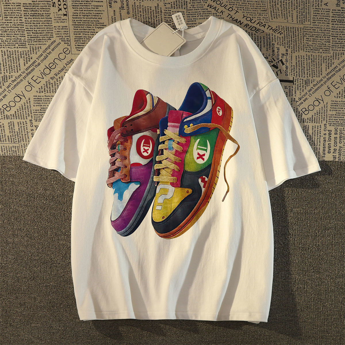 Fun parody shoes printed pure cotton short sleeved t-shirt for women men in spring and summer 2024 new American trend couple top ins