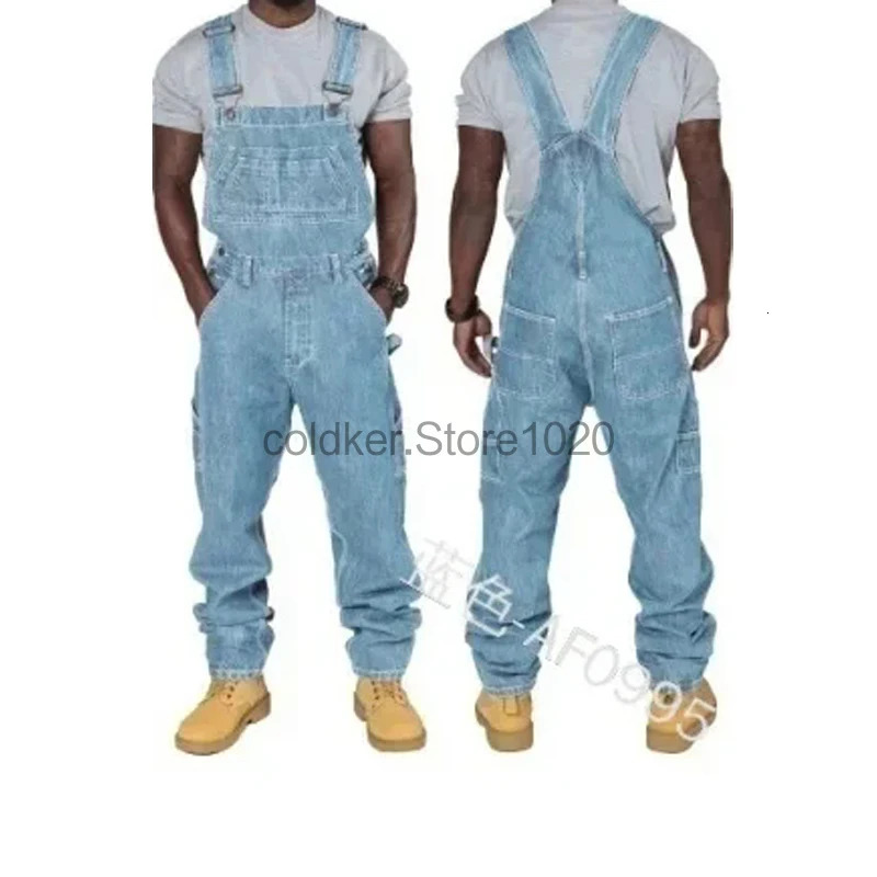mens denim set with casual multiple pockets loose splicing straight pants fashionable and adjustable suspension jeans 240925