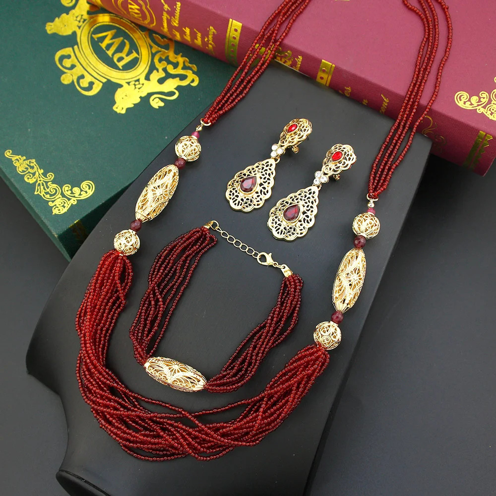 Sunspicems Chic Morocco Hand Bead Necklace Sets Crystal Earrings Rope Bracelet Arabic Women Bride Bead Wedding Jewelry Sets 240927