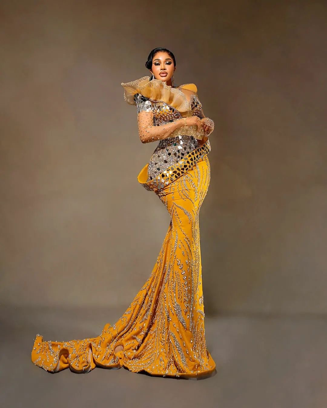 Aso Ebi 2024 Yellow Mermaid Prom Dresses Rhinestones Beaded Sequined Lace Evening Formal Party Second Reception Birthday Gowns Dress For Special Occas