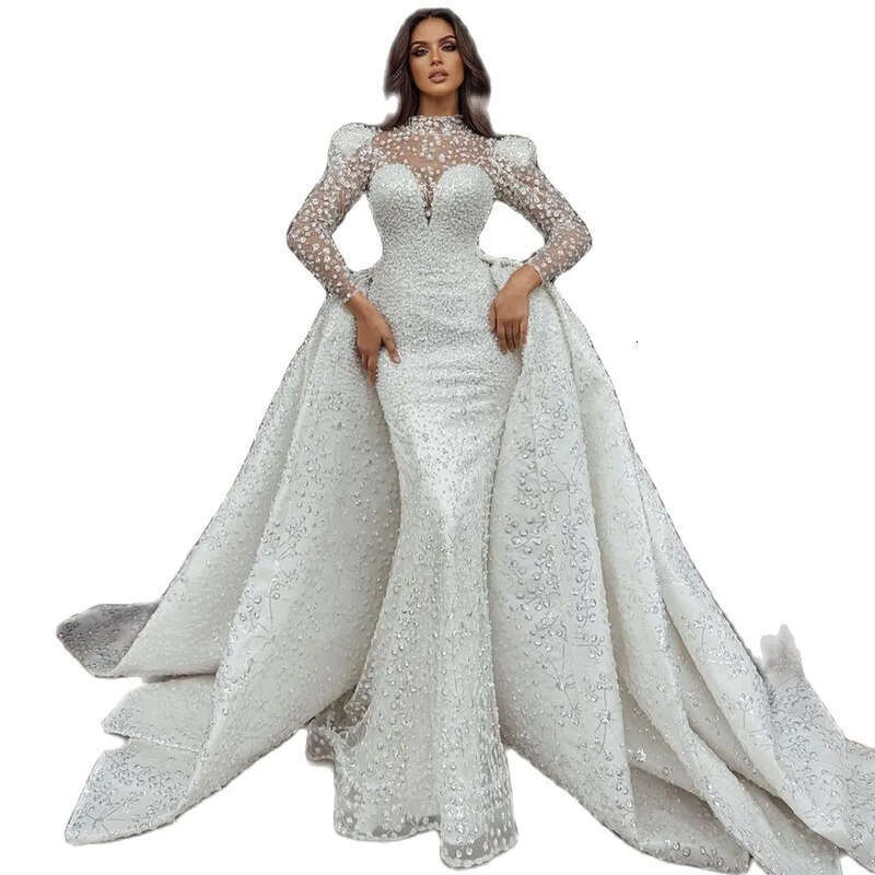 Dress Detachable With Wedding Mermaid Train Lace Pearl Crystal Arabic Trumpet Bridal Gowns Long Sleeves Robe