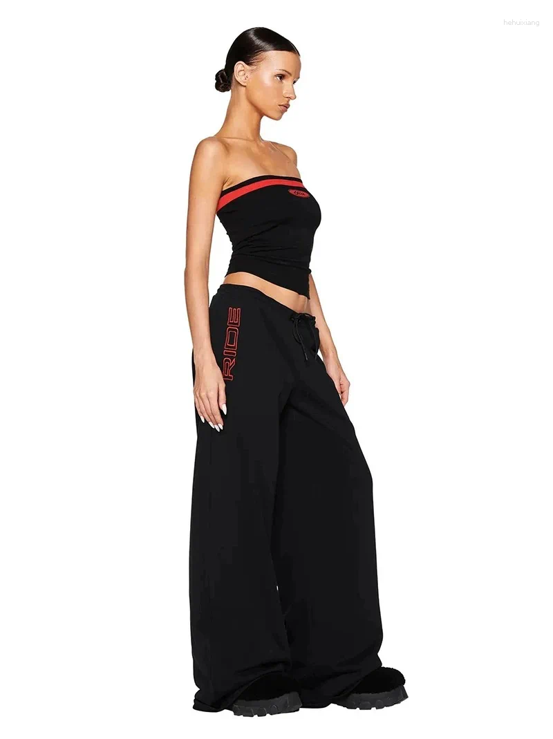 Women's Pants Iamgia Black And Red Strapless Top Straight Leg Retro Spice Tracksuit