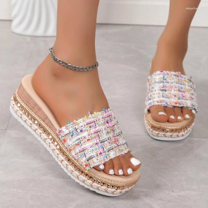 2025 S Fashion Designer Sandals Women Summer Rimocy Striped Platform Slippers Canvas Wedge Woman Plus Size Non Slip Casual
