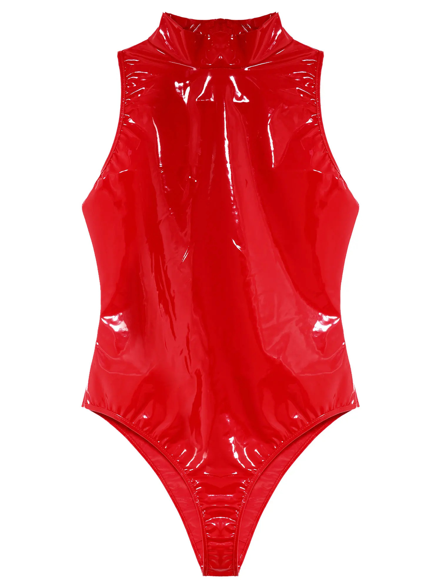 Women Zipper Back Latex Bodysuit Shiny Leather Catsuit Onepiece Highcut Bodycon Tights Jumpsuit Club Stage Pole Dance Suit 240924