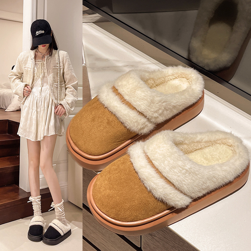 Women Slippers Fashion Winter Wear Warm Thick Sole Anti Slip Triple Black Beige Yellow Pink Free shipping