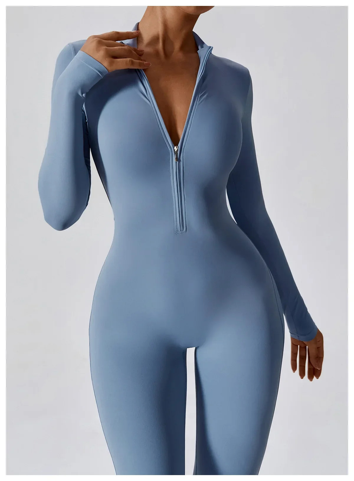 Yoga womens seamless sports zipper jumpsuit long sleeved set elastic gym fiess suit sportswear 240920