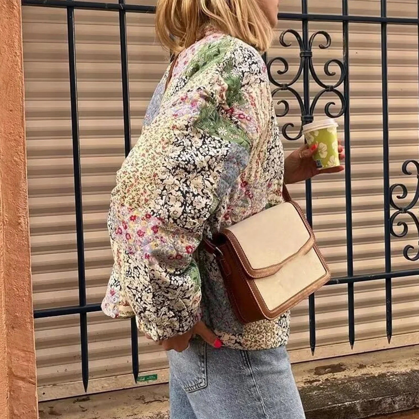 Womens Y2K floral puff jacket for winter warmth retro patch work quilted jacket long sleeved button up jacket with pockets 240924 - view 5