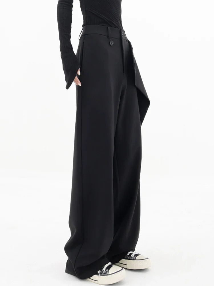 Women Pants High Waisted Wide Leg Pants Irregular Patchwork Casual 2024 Fashion Black Full Length Solid Spring Straight Trousers 240930
