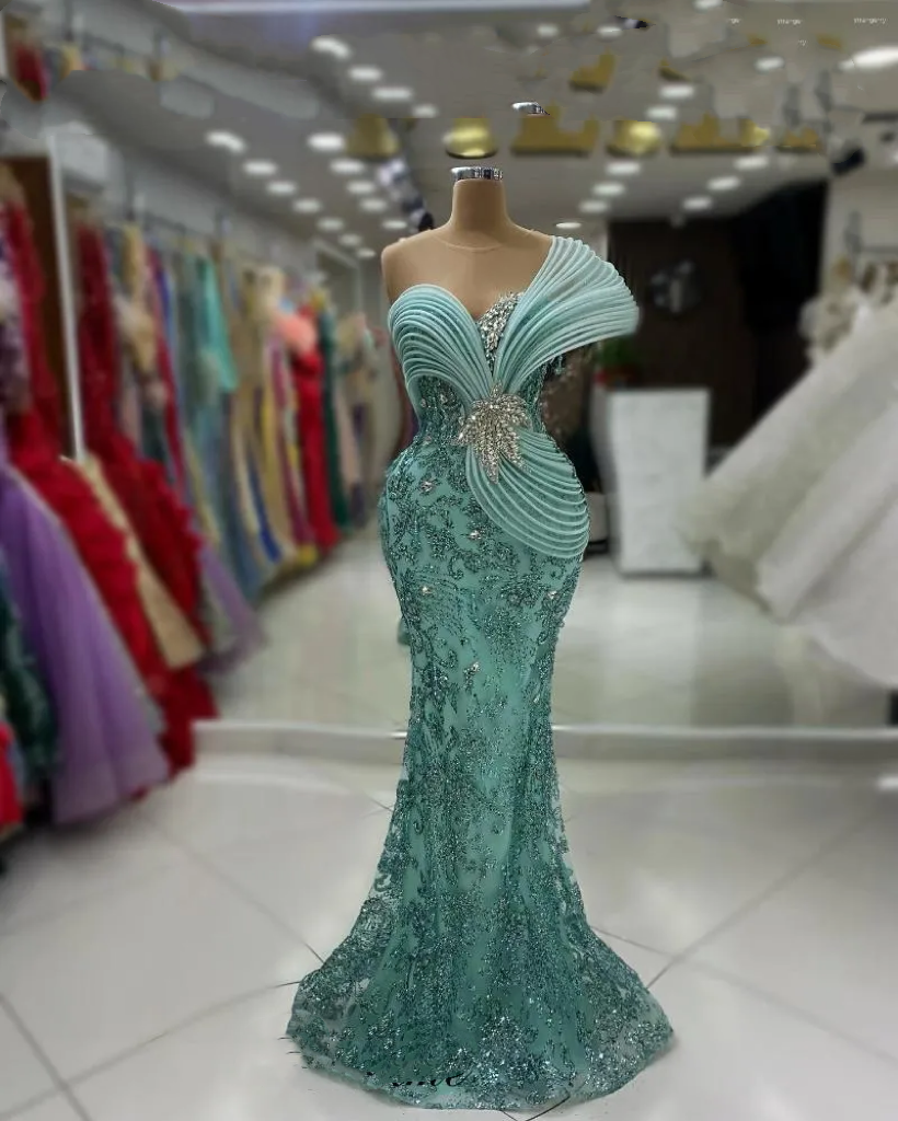 Aso Ebi 2024 Mint Mermaid Prom Dresses Stylish Rhies Sheer Neck Sequined Evening Formal Party Second Reception Birthday Gowns Dress For Special Ocns
