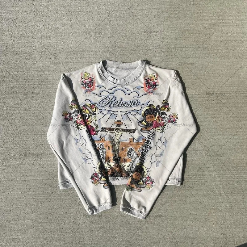 Gothic punk style graphic T-shirt Harajuku American retro oversized long sleeved mens street clothing fashionable casual top 240930