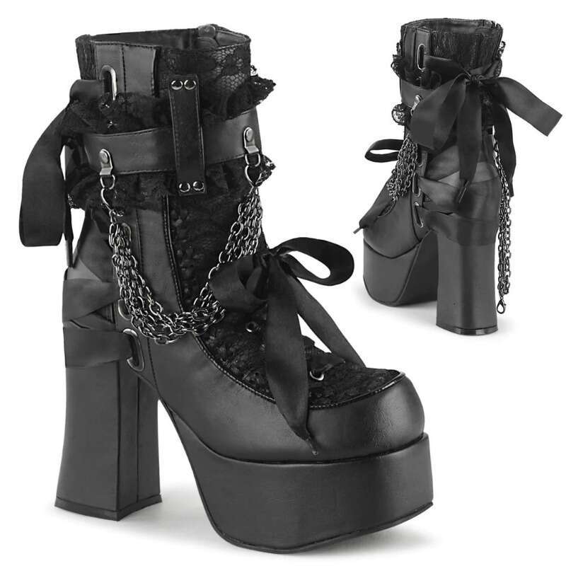 Gothic Style Chain Lace Up Bow Women Short Retro Round Toe Square Heel Chunky Platform Ankle Boots Punk Ladies Party Shoes