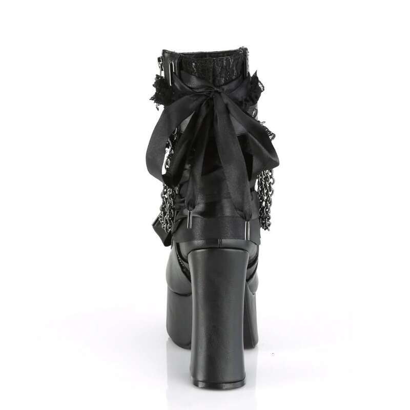 Gothic Style Chain Lace Up Bow Women Short Retro Round Toe Square Heel Chunky Platform Ankle Boots Punk Ladies Party Shoes