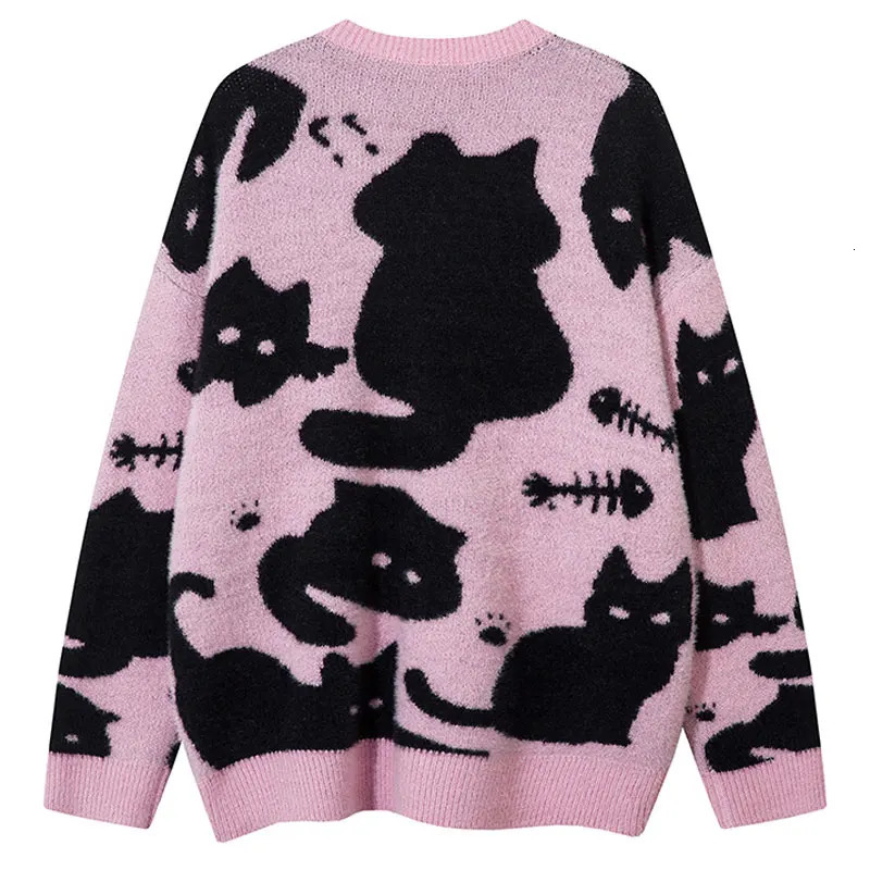 Harajuku sweater knitted cute cat fish oversized pull-out jumper mens hip-hop casual long sleeved comfortable sweater streetwear pink 240930