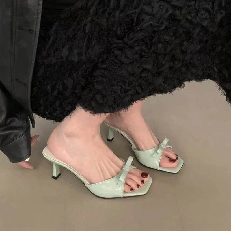 Summer Slippers Women Korean Fashion Womens High Heel Slippers Elegant Bow Embellished Modern Slippers Zapatos Mujer 240924