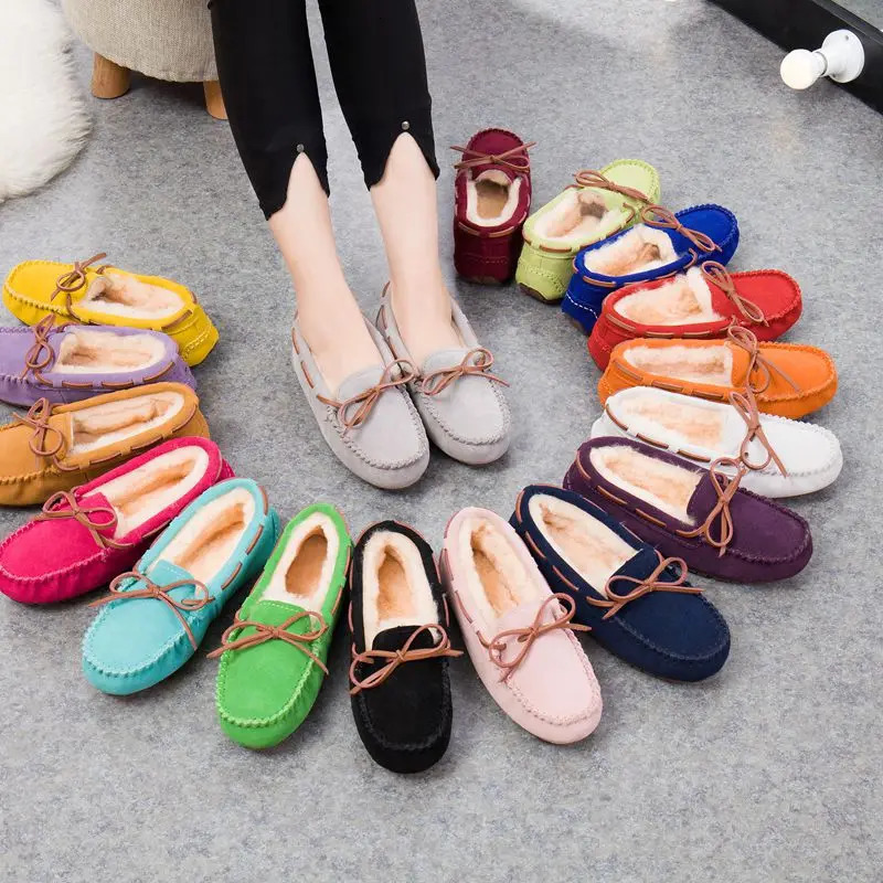 Winter shoes womens flat shoes sheepskin thick cashmere anti slip cotton ladder Moccasins bow womens shoes 240930