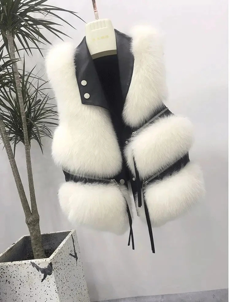 Womens Vest Short Fur Coat Slim Fit Fashion Autumn and Winter 2024 Splicing Jacket 240924