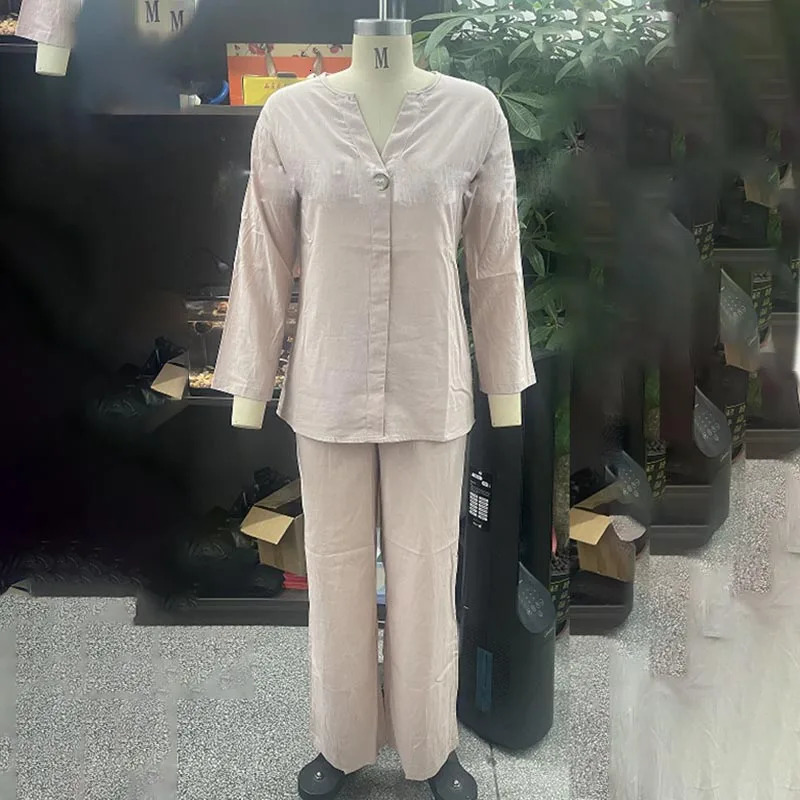 Womens cotton and linen pants set casual solid color zipper 2piece white pink 240930