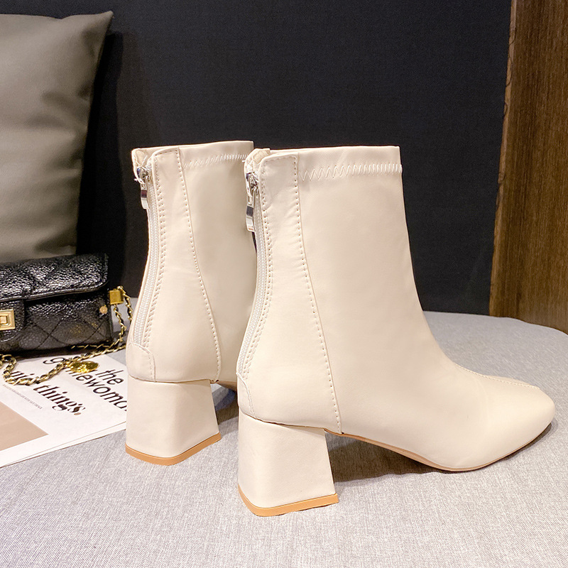 Women's Patent Leather Square Toe Martin Boots: Chunky High Heels in Black, Beige & Khaki | Free Shipping 1a61