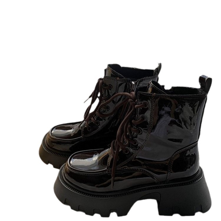 2024 New Stylish Black Martin Boots for Women: Round Toe, Thick Sole, Height Increase 7962