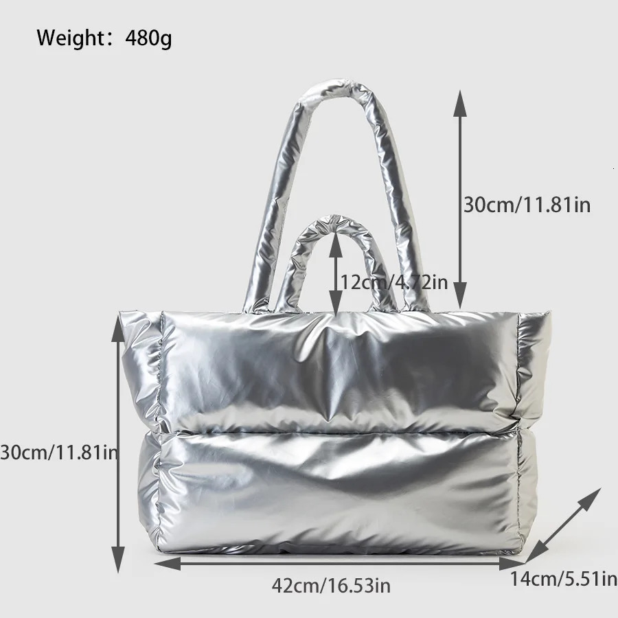 Fashion Padded Large Tote Bag er Puffer Women Shoulder Bags Nylon Waterproof Lady Handbags Silver Soft Puffy Bag 240930