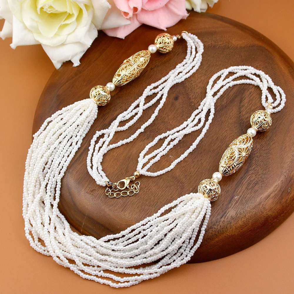 Sunspicems Chic Morocco Hand Bead Necklace Sets Crystal Earrings Rope Bracelet Arabic Women Bride Bead Wedding Jewelry Sets 240927