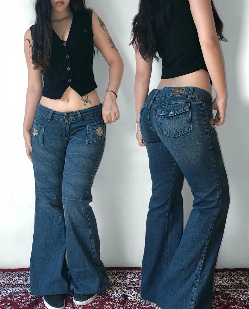 Streetwear Fashion Blue Washed Flowers Embroidered Baggy Jean Y2K Harajuku Vintage Hip Hop Casual Slim High Waisted Jeans 240924