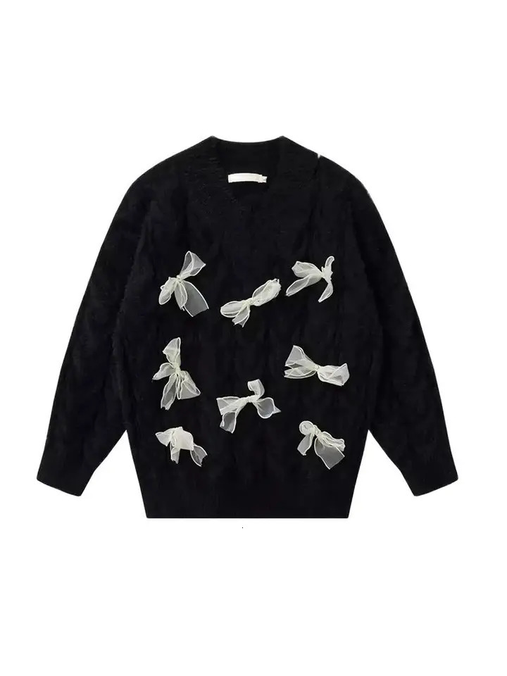 Womens Bow Sweater Pullover Sweater Y2k Long Sleeve V-neck Jumping Knitted Sweater Long Sleeve Top Autumn 240927