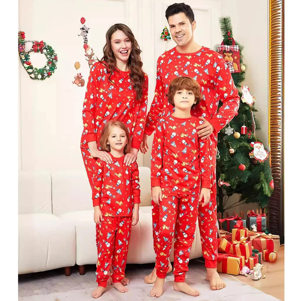 Party Christmas Family Matching Pajama Set Father Mother and Child Red Snowman Long sleeved Baby jumpsuit Dog suit 240926