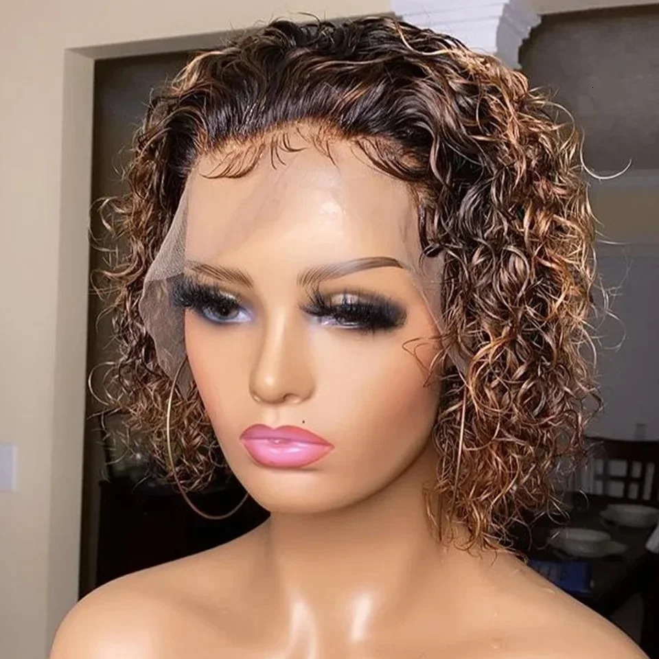 Short human hair wig high gloss elf cut lace front human hair wig black female Perruque Cheveux adhesive free wig 240921