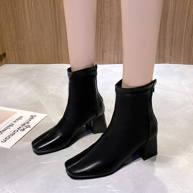 Women's Patent Leather Square Toe Martin Boots: Chunky High Heels in Black, Beige & Khaki | Free Shipping 1a61