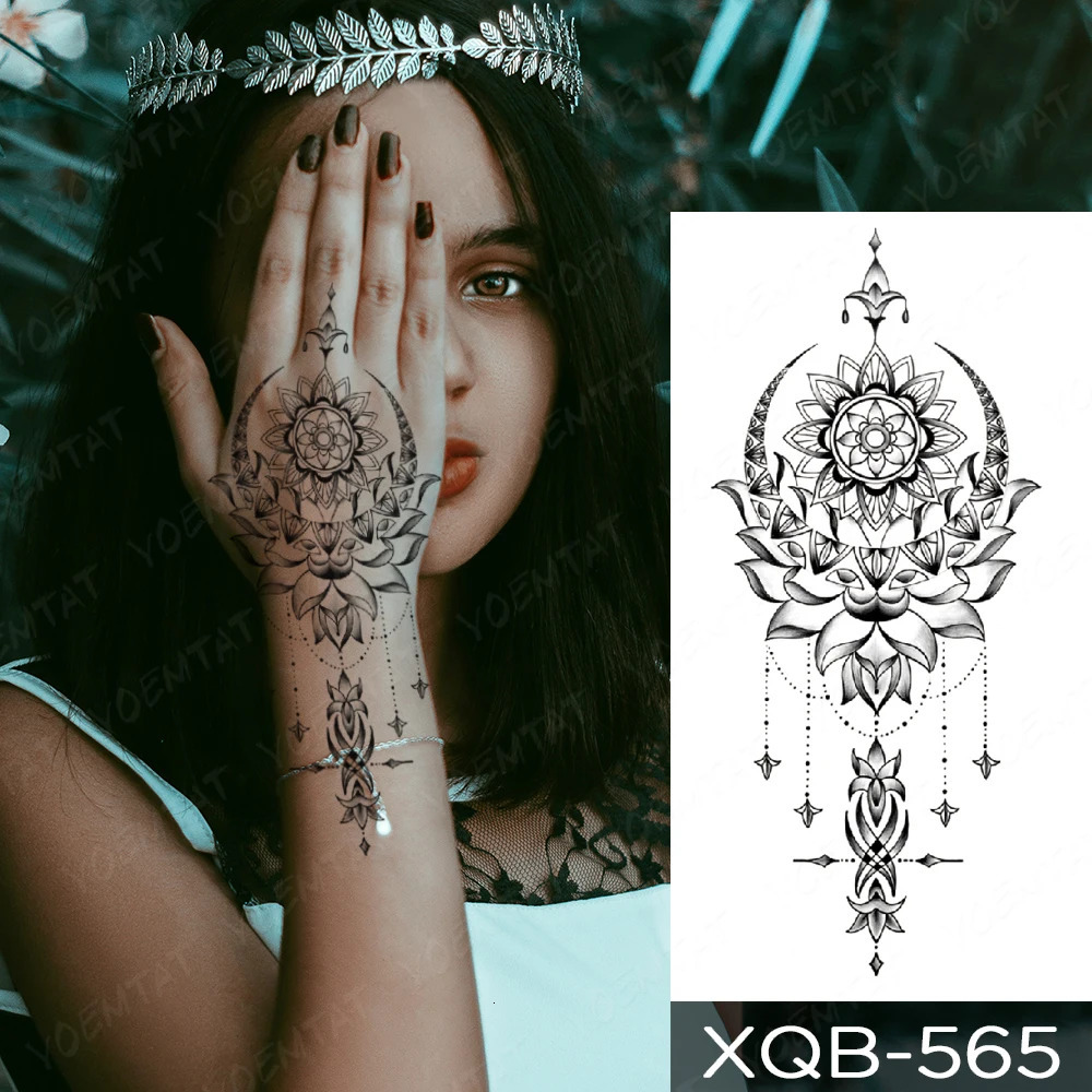 Indian Henna Hand Painted Transfer Waterproof Temporary Tattoo Sticker Moon Lotus Mandala Chain Body Art Tattoos Women Men 240925