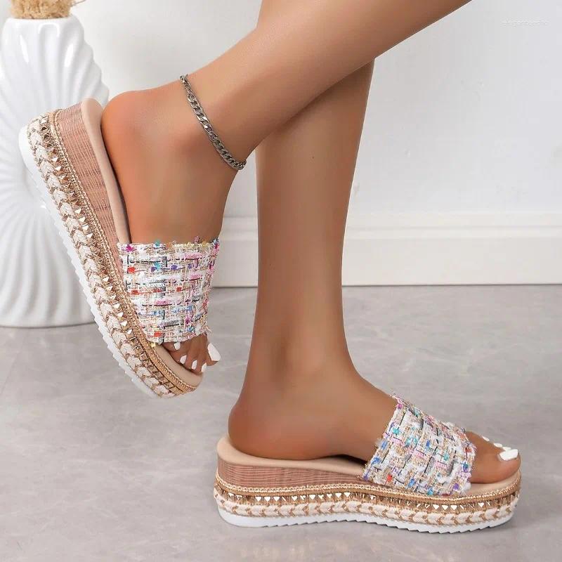 2025 S Fashion Designer Sandals Women Summer Rimocy Striped Platform Slippers Canvas Wedge Woman Plus Size Non Slip Casual