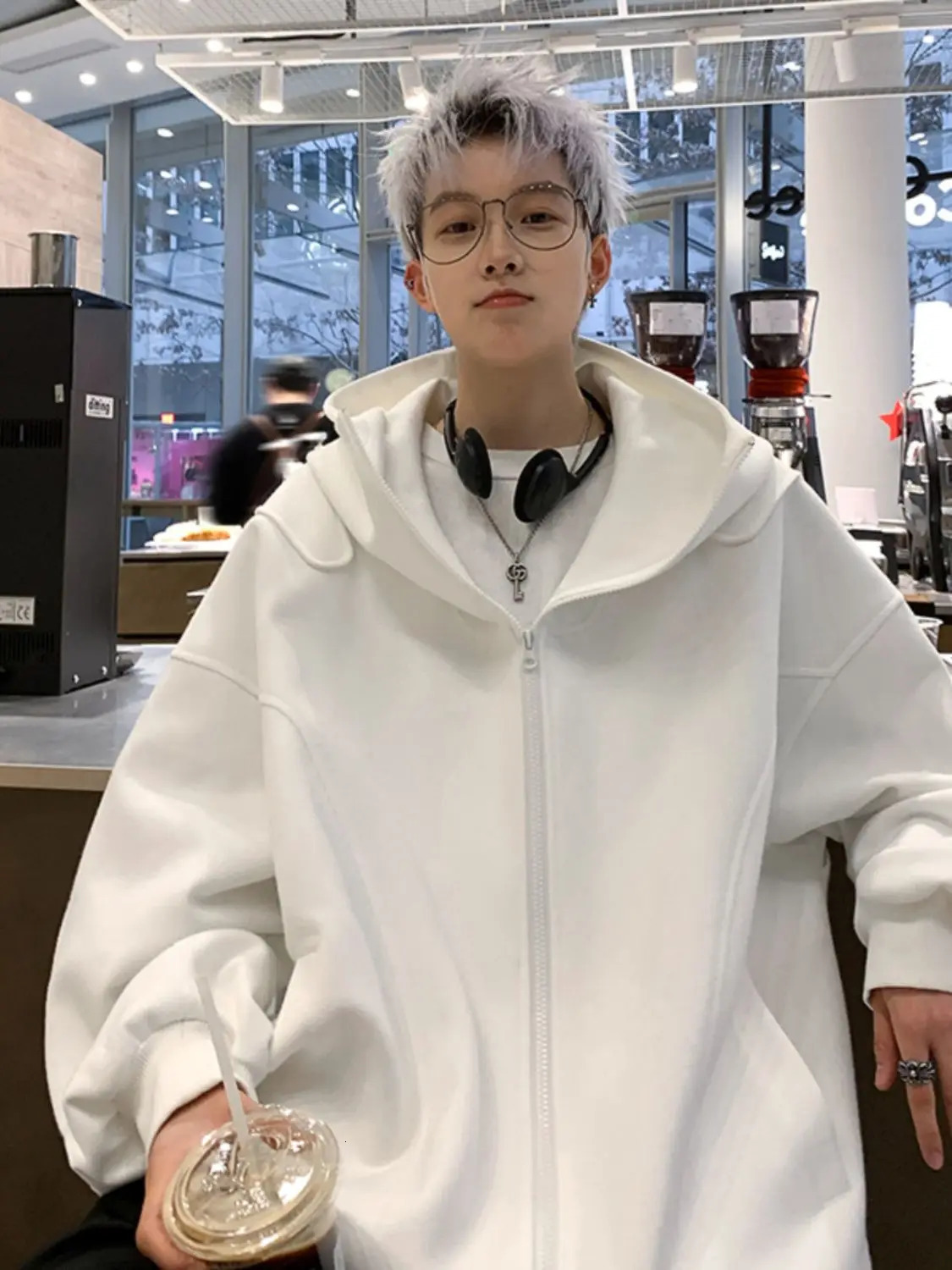 White cardigan wool sweater mens spring and autumn high-end handheld heavy-duty young loose hooded jacket Y2K top 240927