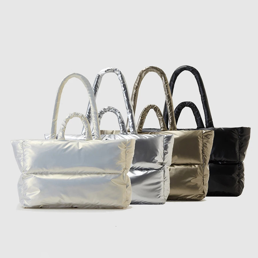 Fashion Padded Large Tote Bag er Puffer Women Shoulder Bags Nylon Waterproof Lady Handbags Silver Soft Puffy Bag 240930
