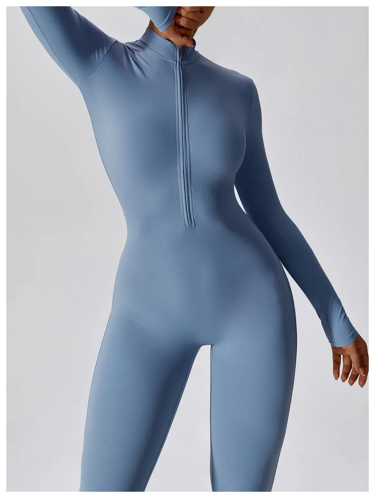 Yoga womens seamless sports zipper jumpsuit long sleeved set elastic gym fiess suit sportswear 240920