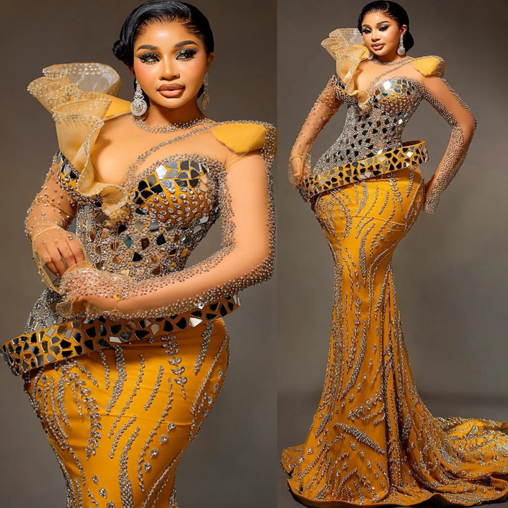 Aso Ebi 2024 Yellow Mermaid Prom Dresses Rhinestones Beaded Sequined Lace Evening Formal Party Second Reception Birthday Gowns Dress For Special Occas