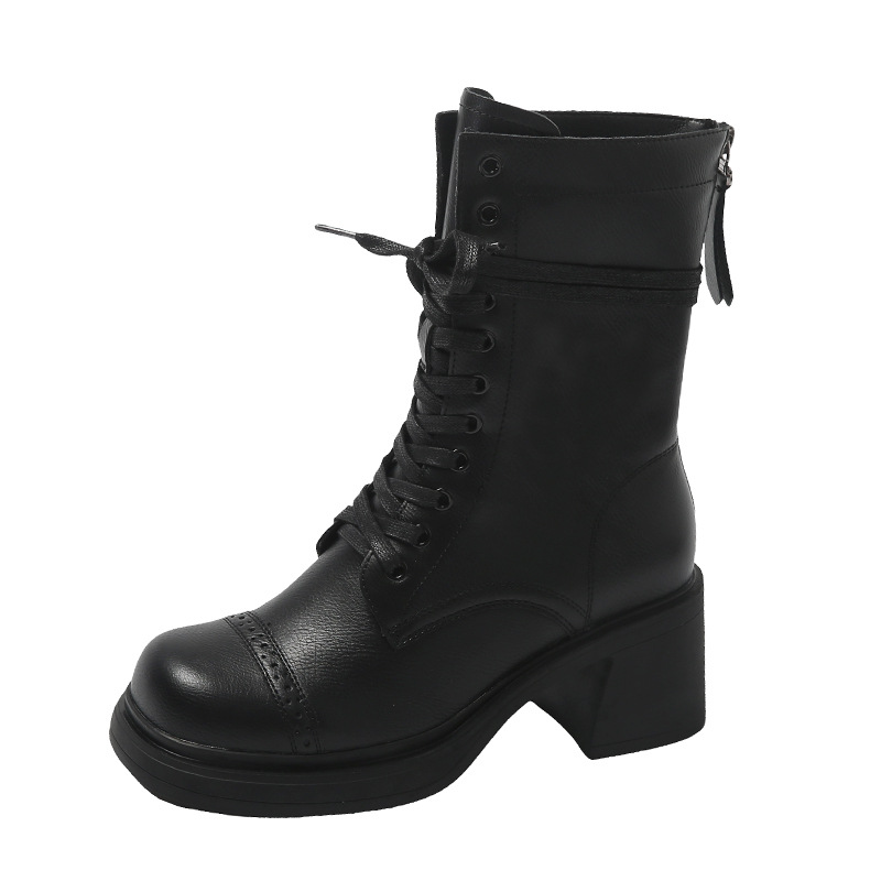 Mid Cut Lace-Up Boots: Korean Style Chunky Heels in Black & Brown 4b6f