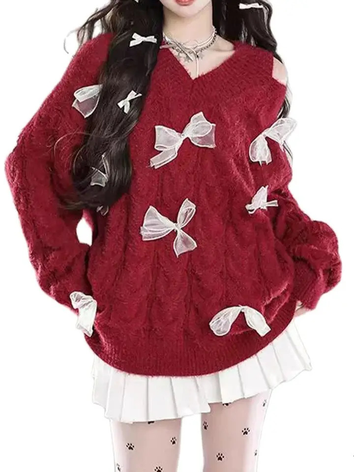 Womens Bow Sweater Pullover Sweater Y2k Long Sleeve V-neck Jumping Knitted Sweater Long Sleeve Top Autumn 240927