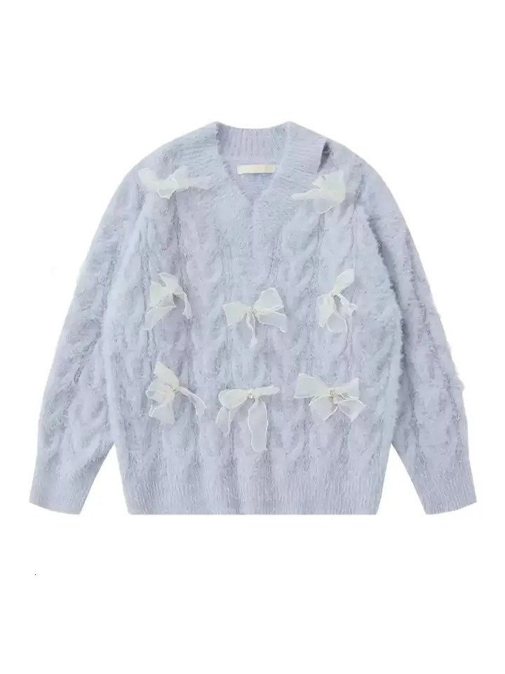 Womens Bow Sweater Pullover Sweater Y2k Long Sleeve V-neck Jumping Knitted Sweater Long Sleeve Top Autumn 240927